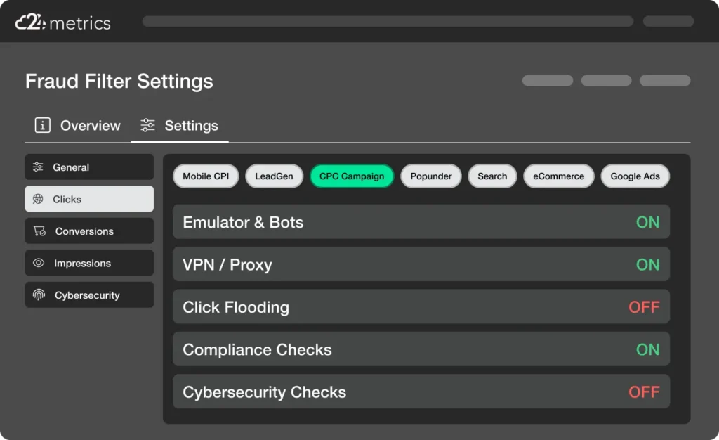 Click Fraud Filter Settings for Emutlator, Bots, VPN, Residential Proxies, Clickflooding and Compliance Checks