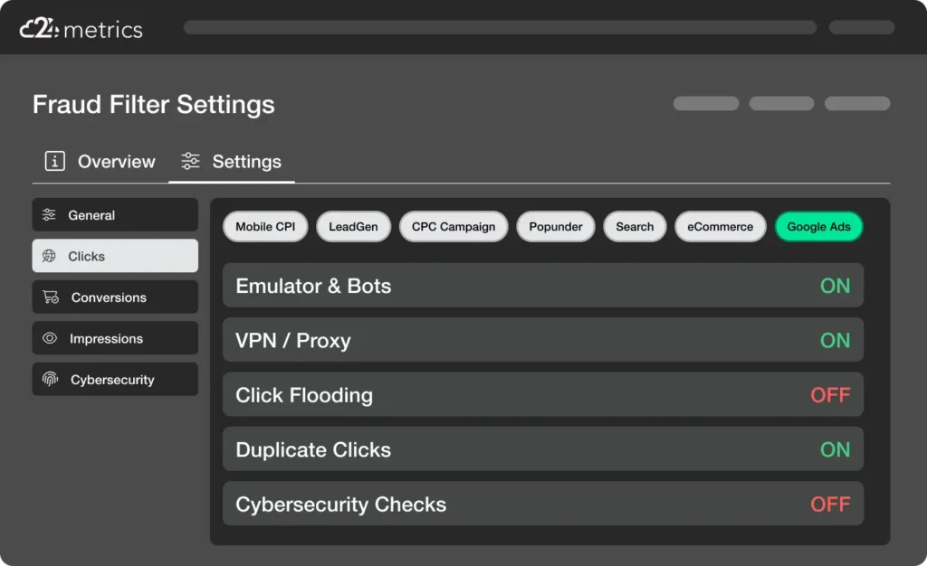 Configurable Clicks Fraud Checks for Bots, Emulators, VPNs and Proxies, Duplicate Clicks and Click Flooding.