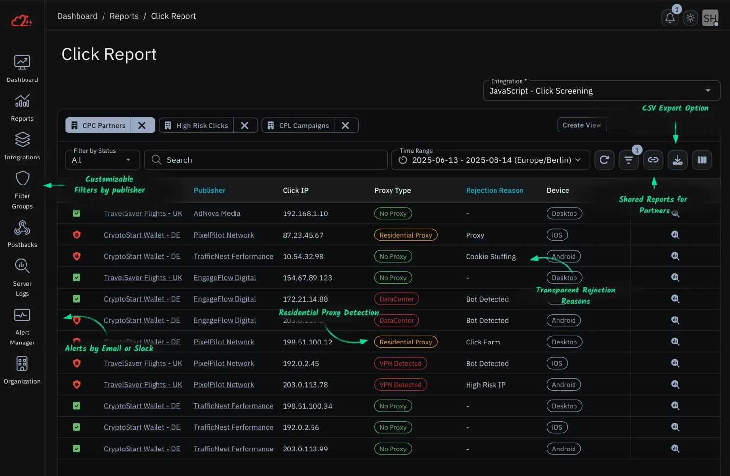 A screenshot of Click Fraud Report with detection for residential proxies, Bots, cookie stuffing and Bots.